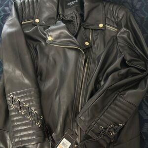 Guess Black Leather Jacket with Logo Patch